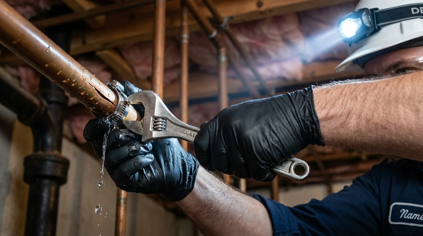 Emergency pipe clamp repair being performed by a Johns Plumbing LLC plumber in Caryville