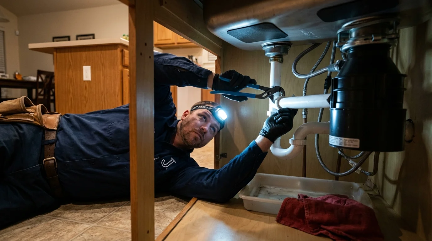 P-trap and supply line connections under a kitchen sink showing a common leak point in Caryville, TN